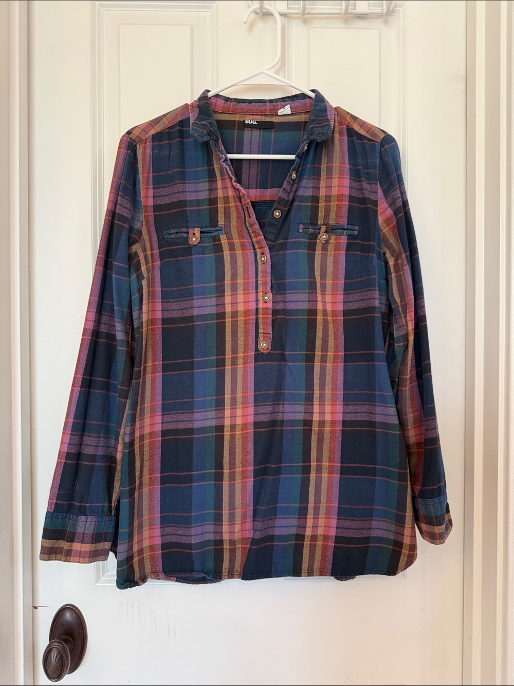 BDG Plaid Tunic Top in Navy, Pink, Teal